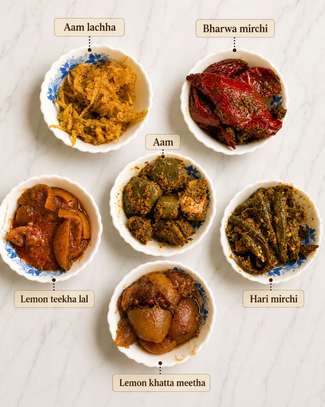 Fresh batch of Taaza Teekha homemade pickles — Aam, Aam Lachha, Bharwa Mirchi, Hari Mirchi, Lemon Khatta Meetha and Lemon Teekha Lal